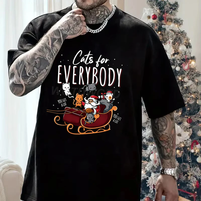 

Рождественские футболки с котом для всех для мужчин и женщин, забавный подарок для любителей кошек, футболка с героями мультфильмов, рождественские повседневные топы с круглым вырезом Санта-Клауса