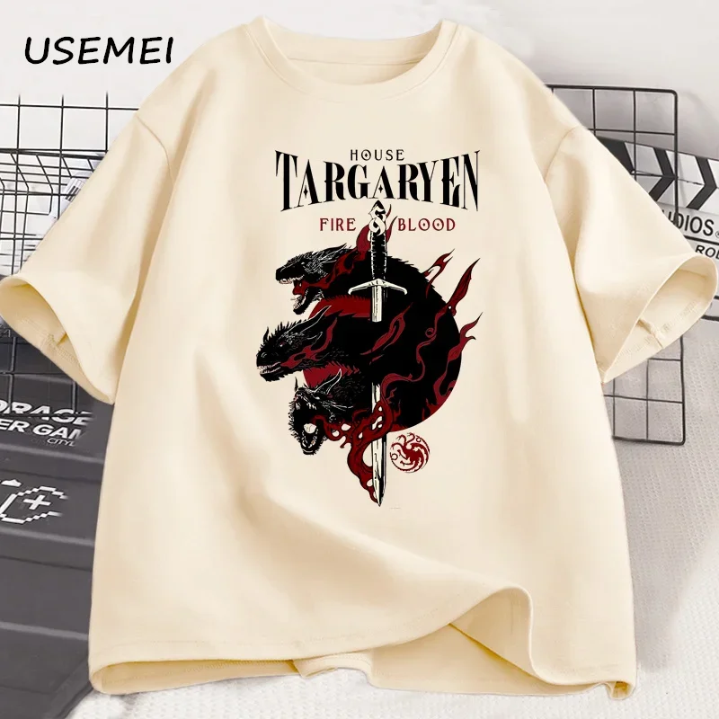 Camiseta de Casa Targaryen para hombre, camisa con estampado de fuego y sangre, de algodón, de manga corta, informal, a la moda, ropa de calle