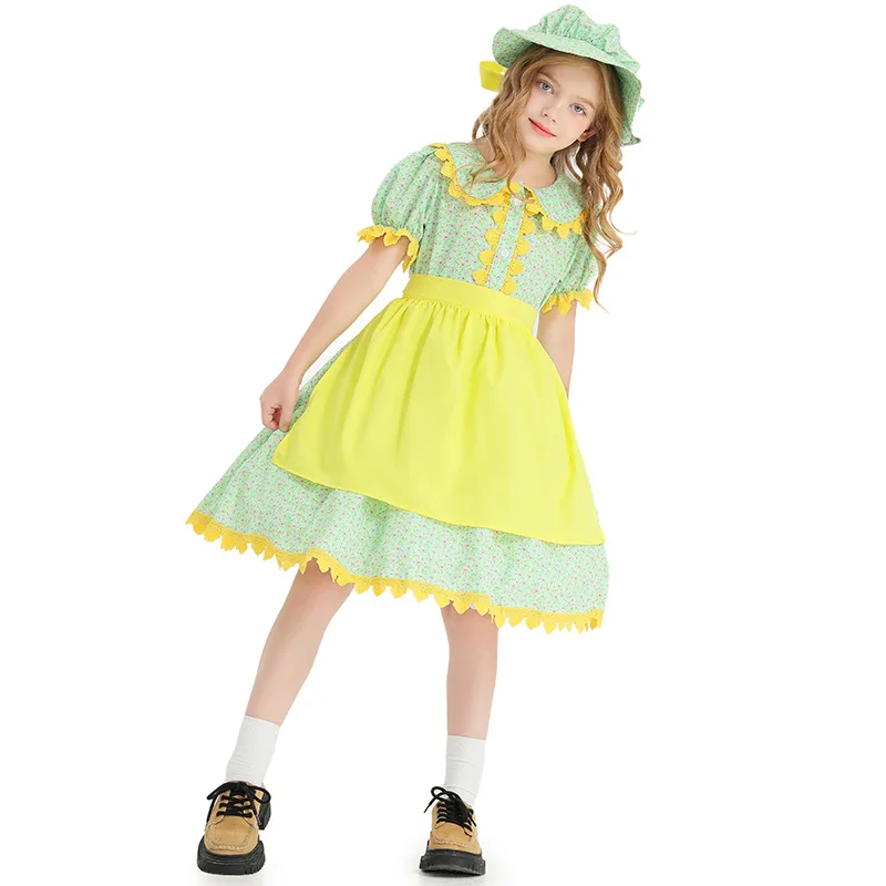 French estate maid Halloween Green floral dress Costume Farm Maid Goose yellow apron for  girls