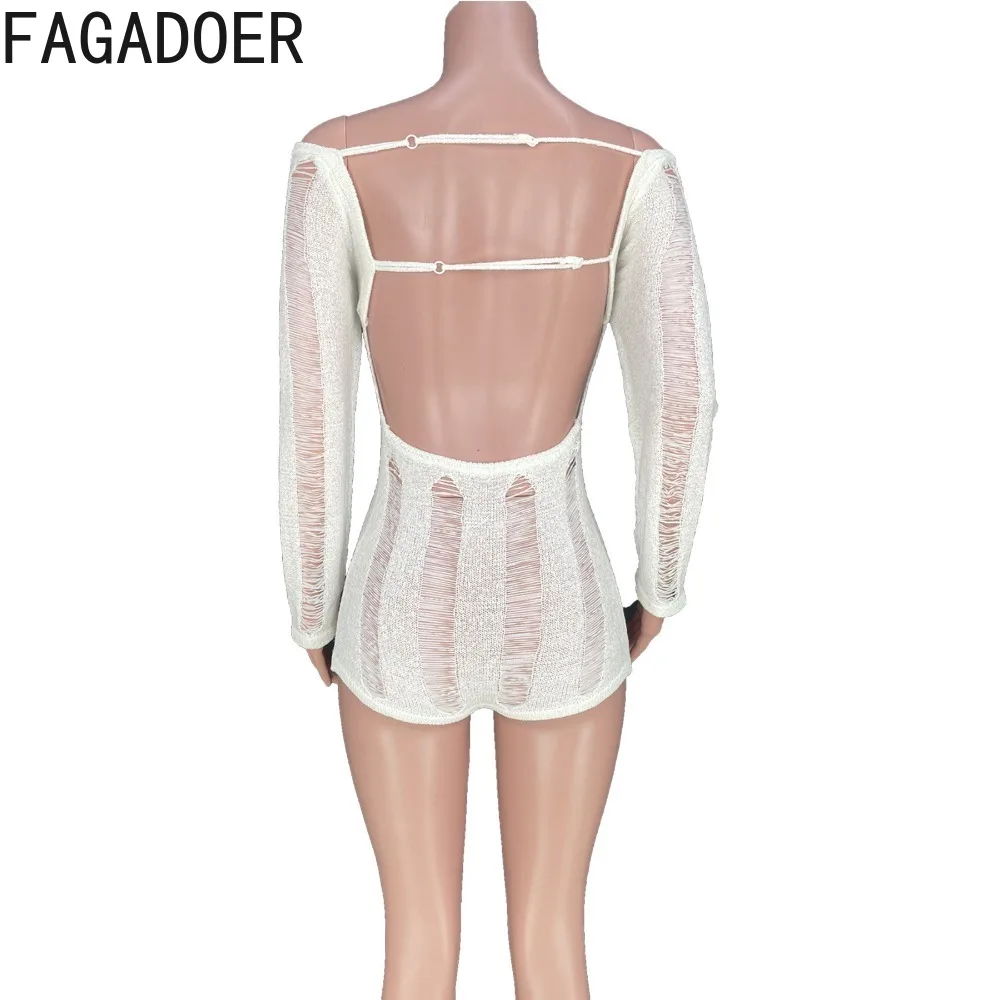 FAGADOER Fashion Knitting Hollow Out Backless Bodycon Rompers Women Off Shoulder Long Sleeve Lace Up Jumpsuits Female Overalls