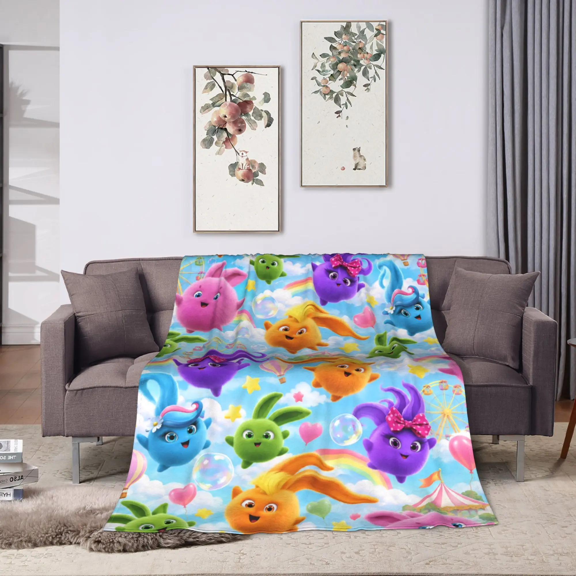 Sunny Bunnies Rainbow Balls Flannel Blanket Winter  Soft Throw Blanket for Kids Couch Bed Street Trend Bedspread Sofa Bed Cover