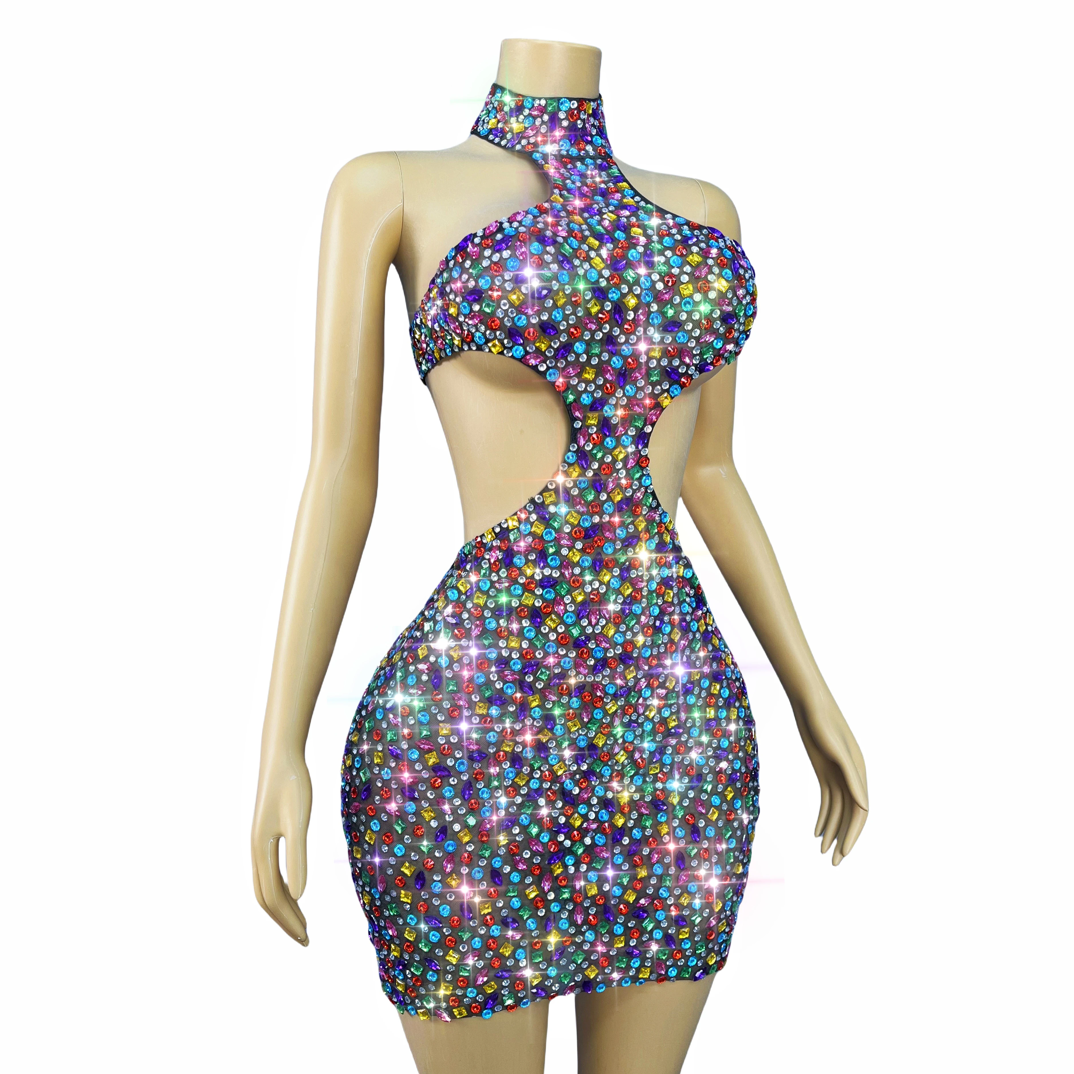 Luxe Blingbling Kleurrijke Steentjes Sexy uitgehold Backless Mesh Jurk Vrouwen Party Vieren Modeshow Outfit Nihongdeng