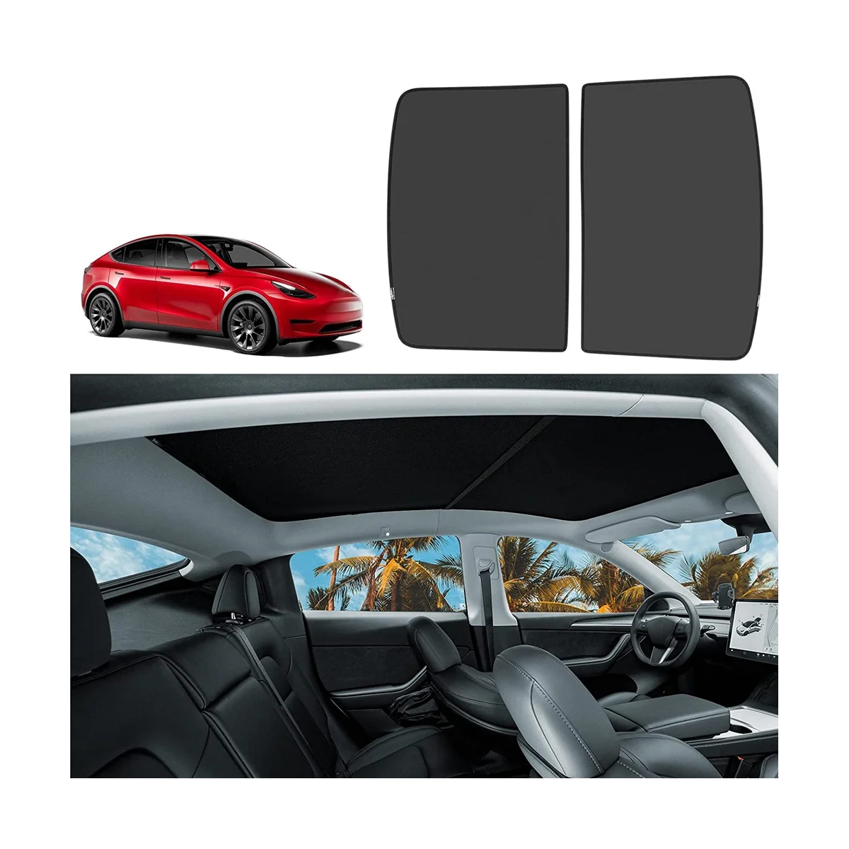 For Model Y 2020-2023 Glass Roof Sunshade Front & Rear Top Windows Sun Shade 'T Sag, Black 2PCS