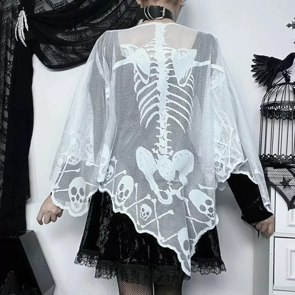 New Halloween Skeleton Lace Cape Creative Cosplay Ghost Skull Bones Cape Gift Funny ForWomen Goth Shawl