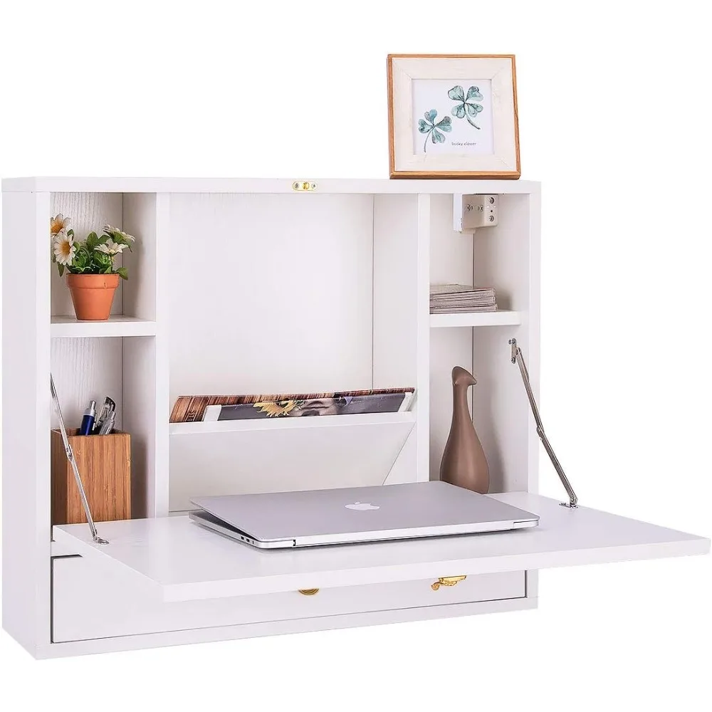 

Wall Mounted Table, Folding Drop Leaf Computer Desk with Storage Compartments and Drawer, Multifunctional Desk Workstation