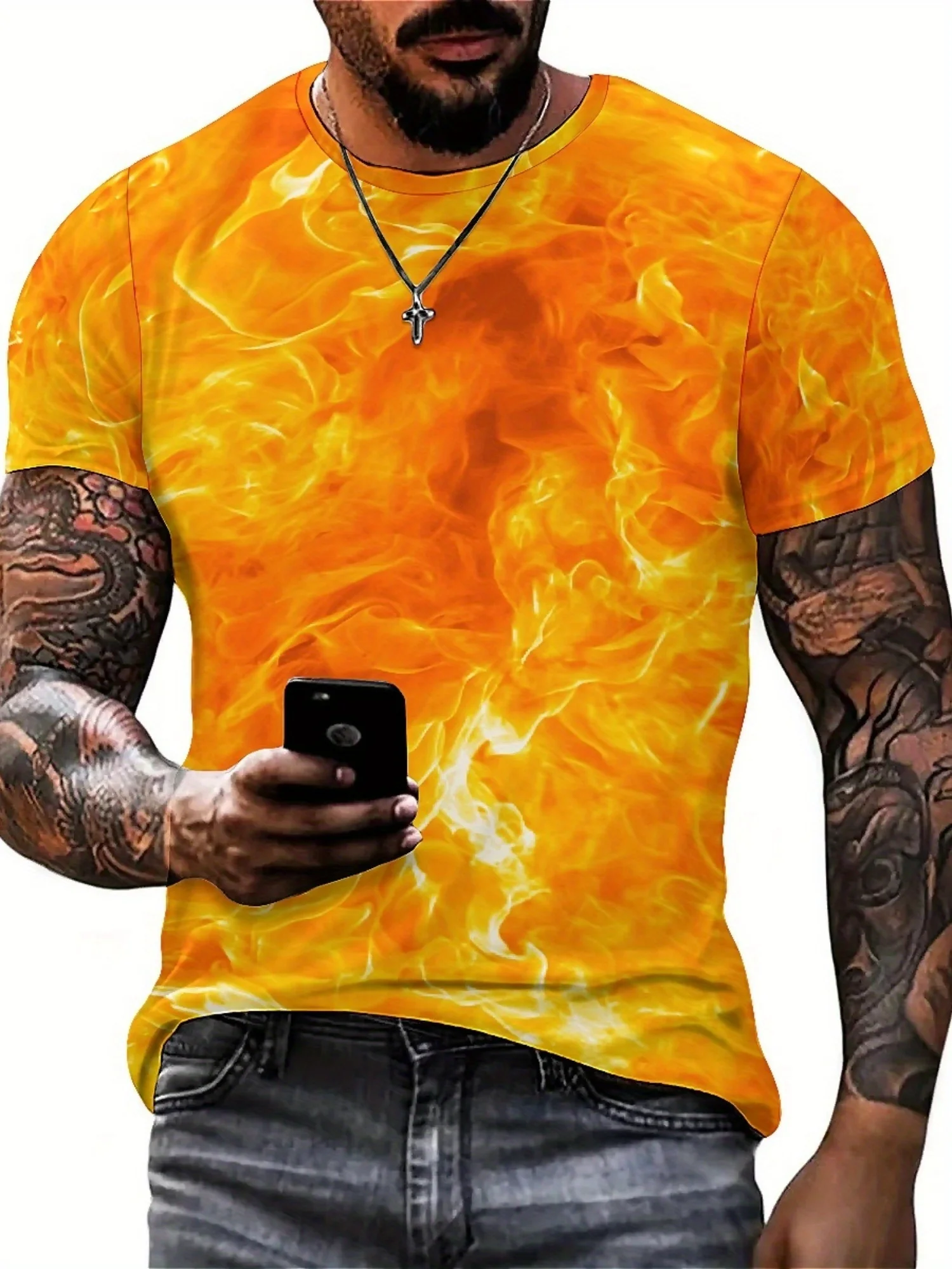 تي شيرت رجالي بطباعة Vibrant Flame ثلاثي الأبعاد - نمط هيب هوب روك الرائع، فضفاض، بوليستر ناعم وجيد التهوية