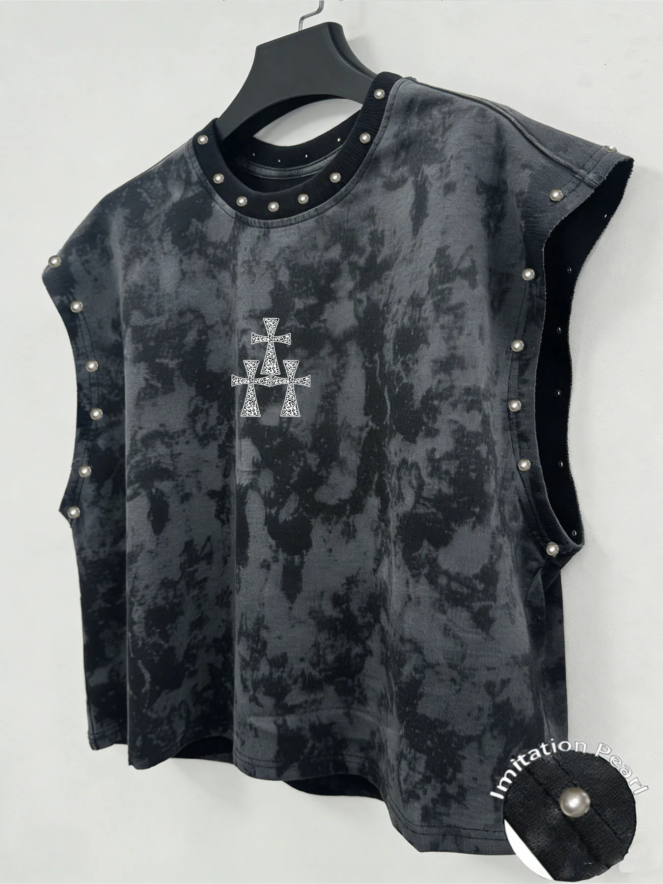 Tie-Dye Ärmelloses Tanktop, beidseitig bedruckt mit gesegneter Figur & Kreuz, Imitationsperlen, dunkles Punk-Tanktop für Herren – Detail 4
