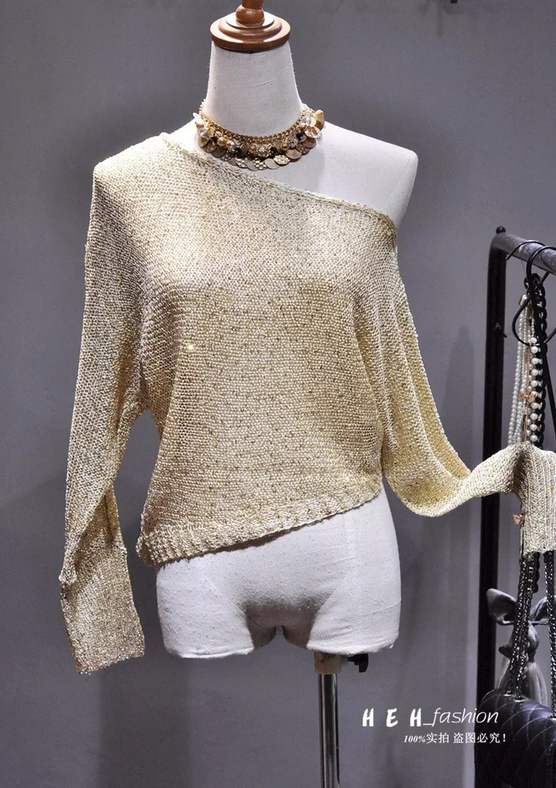 Sequins Inclined Shoulder Off-the-shoulder Sexy Long-sleeved Knitted T-shirt Short Version Sets Bright Gold Silk Blouse Fall