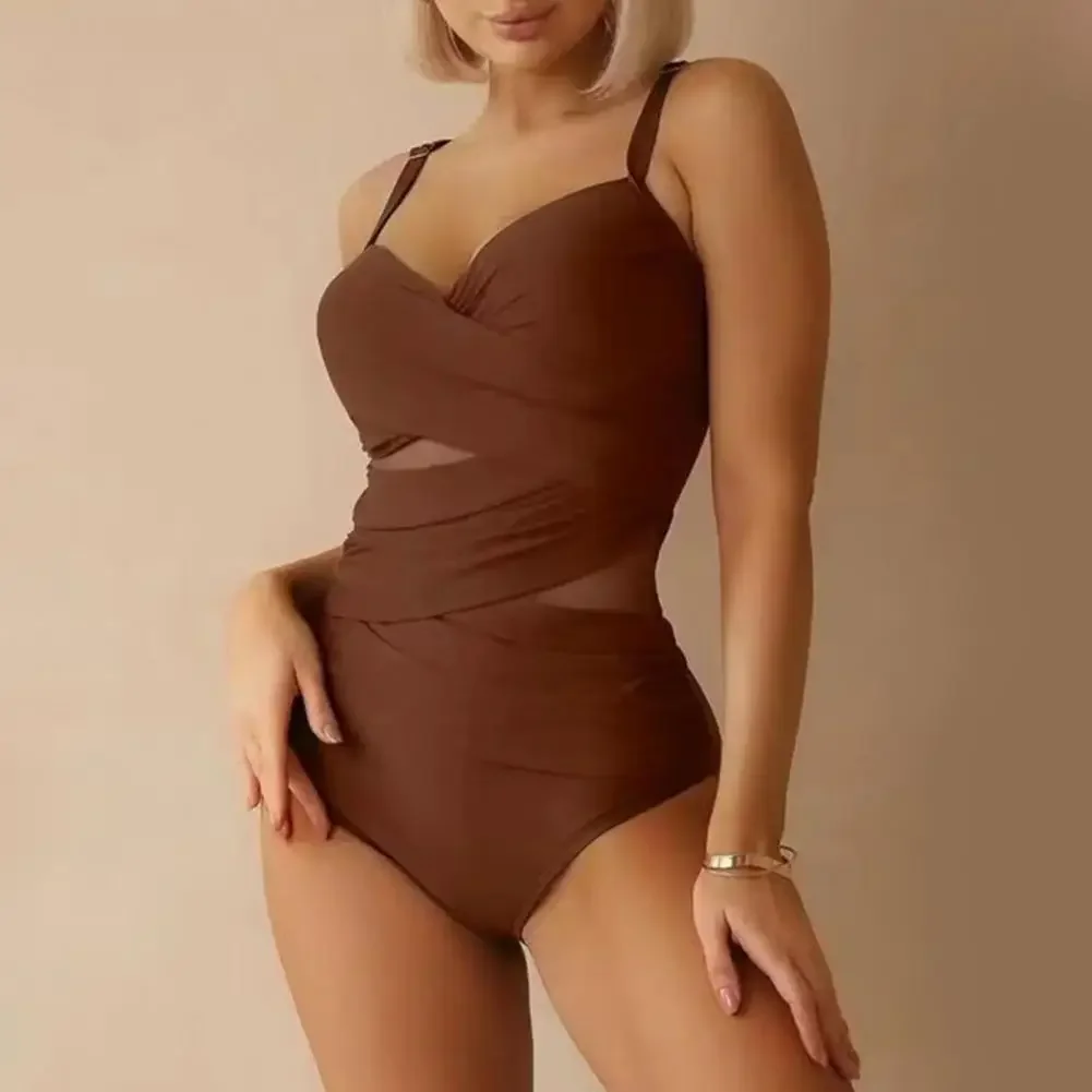 Traje de baño de una pieza de malla para mujer, traje de baño recortado con control de barriga, traje de baño cruzado frontal para fiesta de vacaciones en la piscina en la playa
