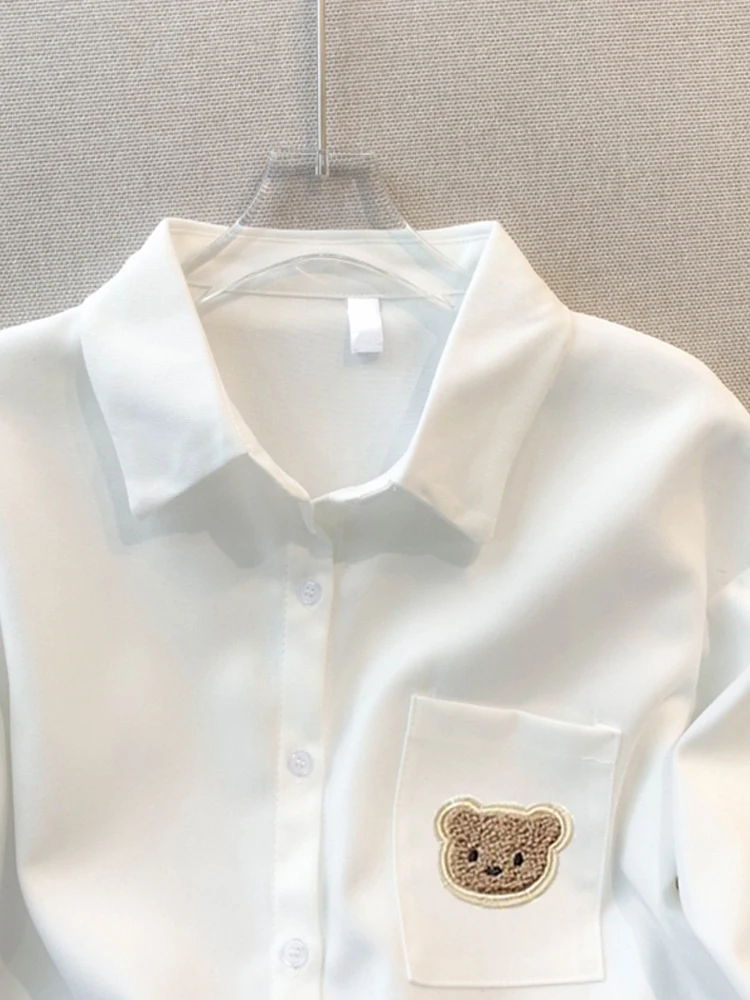 Preppy Style Long Sleeved Women Shirts 2025 New Spring Summer Bowknot Removable Bear Chic White Blouses