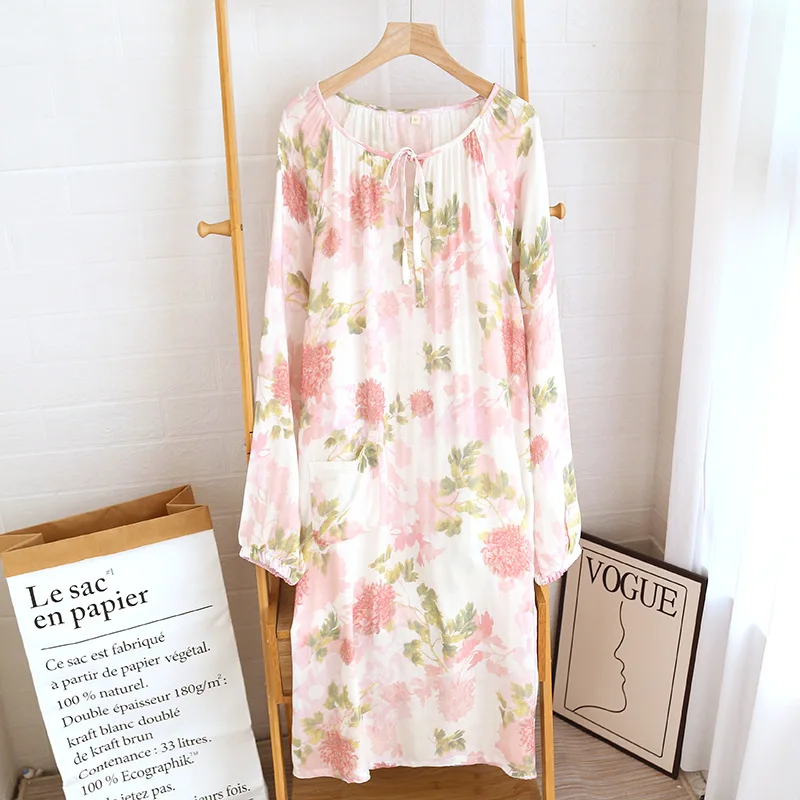 

Spring/Summer Women's New Lacing Long Skirt Pajama Loose Long sleeved Peony Pajama Dress Sleeping Wearing Women