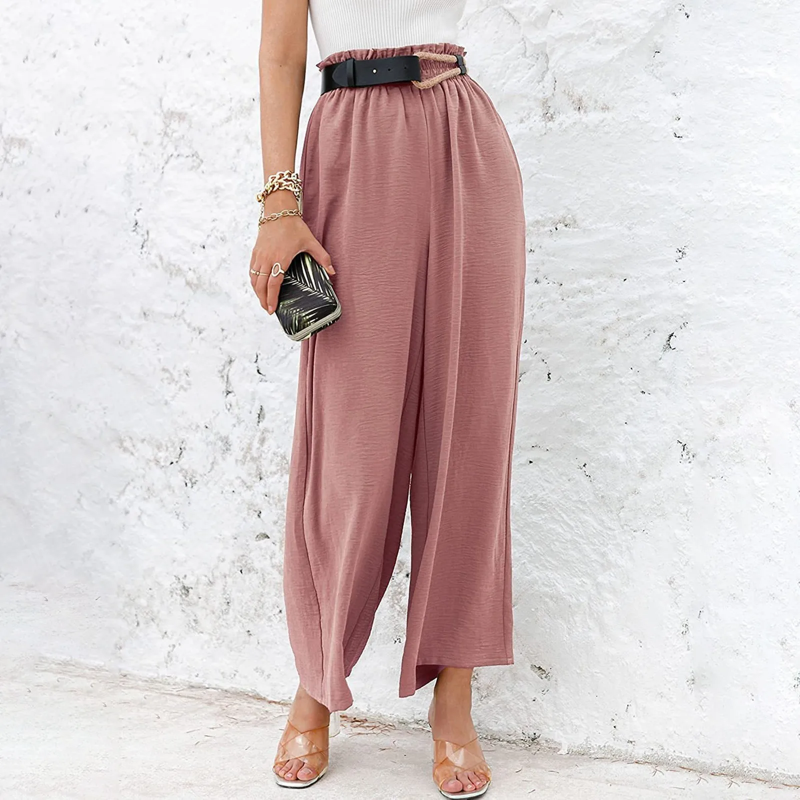 Womens Wide Leg Palazzo Pants High Waisted Pant Pleated Tan Dress Pants for Women Business Casual Womens Pants with Stretch