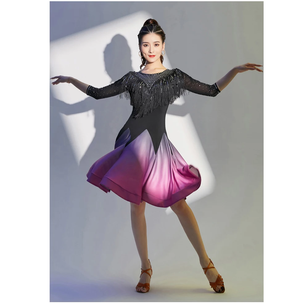 Competition One-Piece Latin Dance Dresses Women Salsa Samba Stretchy Dress Half Sleeves Girls Fringes Costume Satin Skirt