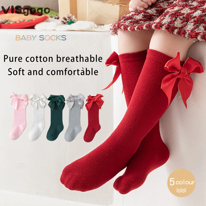 

VISgogo Baby Kids Girls Stockings Sweet Bow Socks Soft Elastic Lightweight Toddler Fall Winter Socks for Daily Christmas