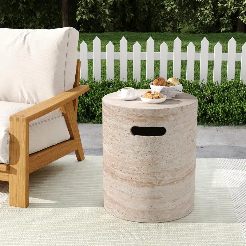 

Lightweight Concrete Side Table with Handles, Travertine Finish, Indoor/Outdoor Use