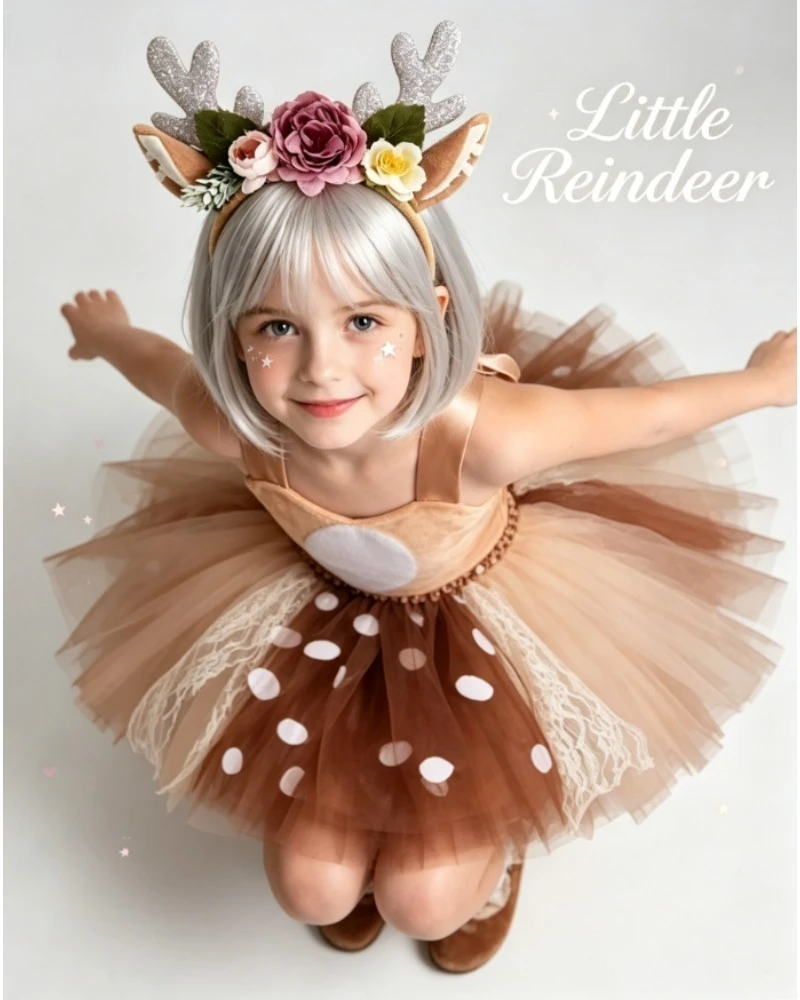 女の子用エルク鹿妖精ドレス-クリスマスパーティーコスチューム-子供用ステージパフォーマンス衣装-フェスティバルロールプレイ-カジュアルウェア-マッチングアクセサリー