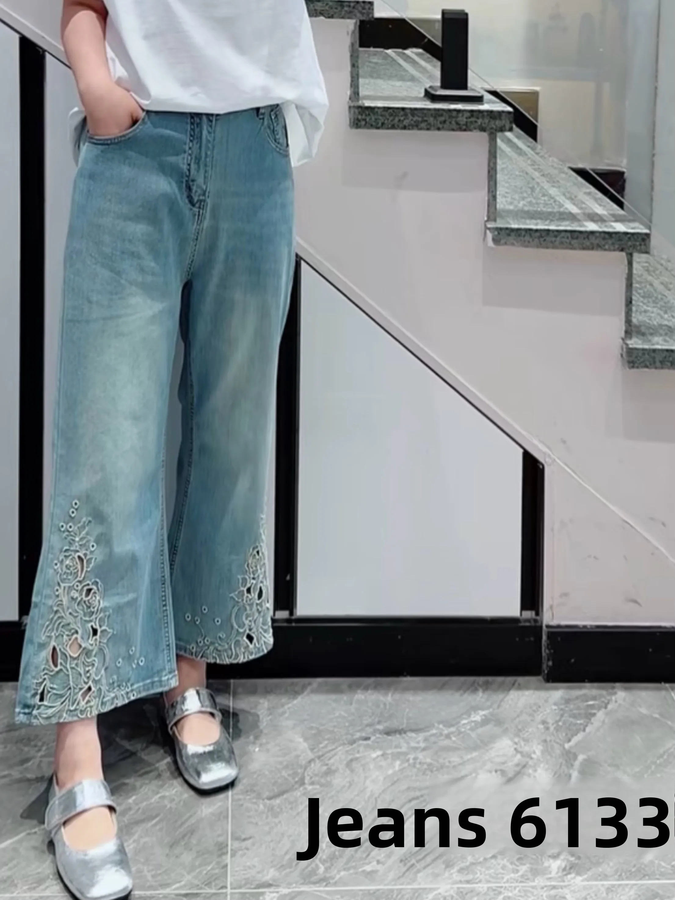 Plus Size High Waist Embroidered Flared Jeans plus Size Concealing Versatile Nine Point Flared Pants Casual Summer Women's Denim