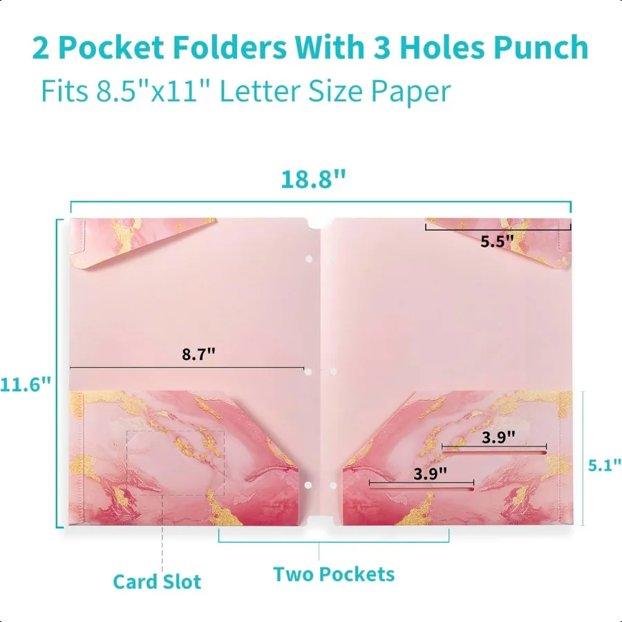 Confezione da 6 cartelle in plastica resistente con tasche Cartelle portadocumenti impermeabili a 2 tasche con slot per schede 6 colos decorativi in marmo 3 fori P