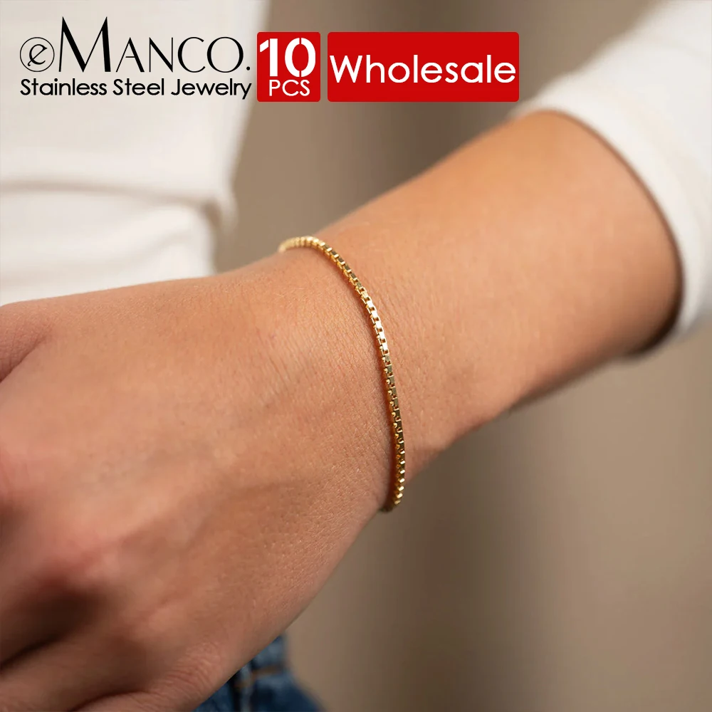 eManco10PCS Gold Color Bracelets Charm Friendship Bracelets for Women Jewelry Gift Wholesale  Stainless Steel Box Chain Bracelet