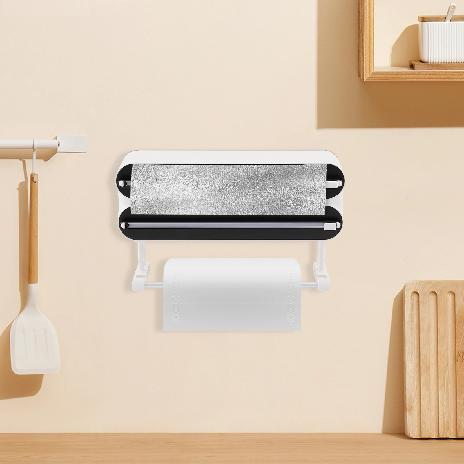 Wandmontierter Frischhaltefolien-Spender mit 2 Haken, 3-in-1 Wandrollenhalter für die Küche, Aluminiumfolien-Spender (ohne Frischhaltefolie) – Detail 7