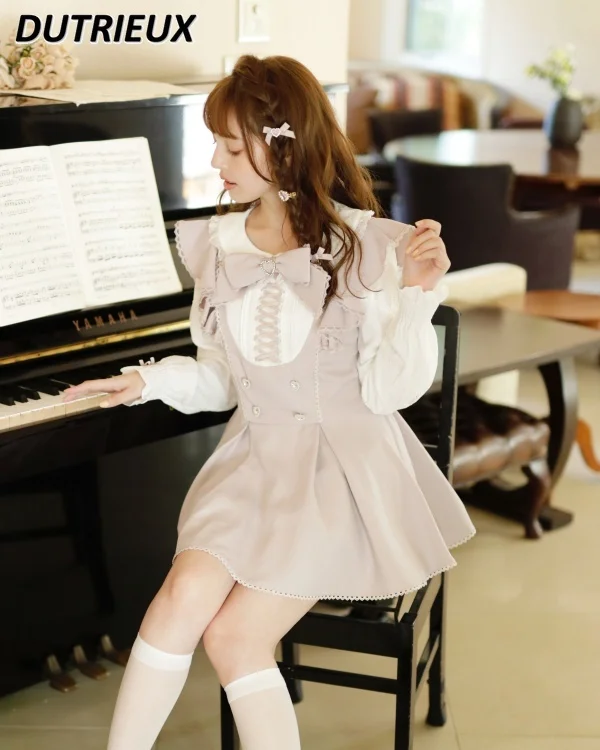 Doll Collar Bow Bandage Rhinestone Plaid Long Sleeve Shirt Mine Mass-Produced Dress and Base Shorts Lolita Two Piece Suit