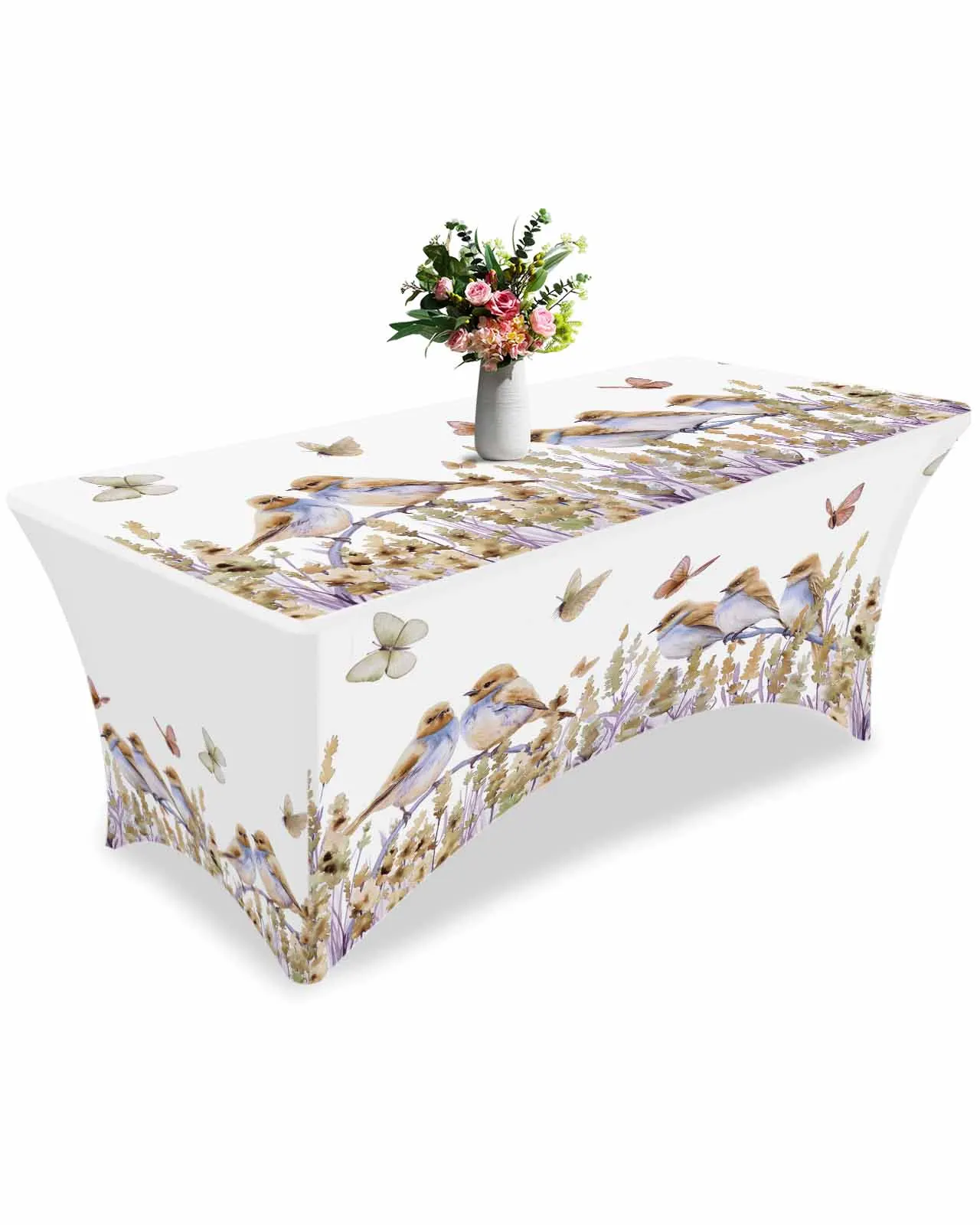 Flowers Birds Lavender Watercolor Butterflies High Stretch Tablecloth Wedding Party Decor Print Table Cover Outdoor Table Cloth