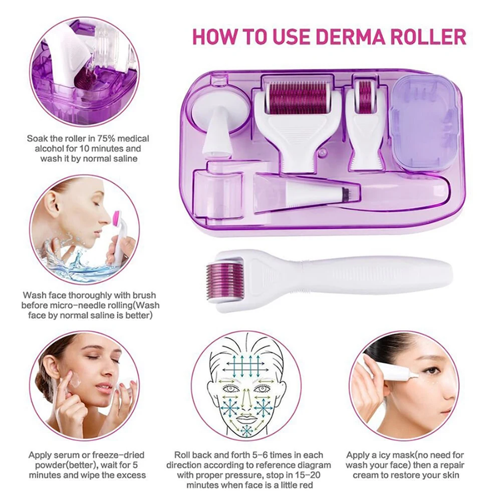 DRS 6 in1 Microneedle Derma Rolling Device Kits For Face and Body 300/720/1200 Micro Needle Facial Roller Skin Care With CE