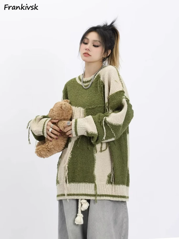 

Frayed Sweaters Women Vintage Baggy Panelled O-neck Autumn Winter Slouchy Punk Korean Style Daily Hotsweet Hipster Retro Ins