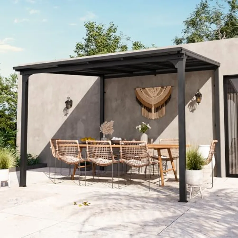 StoneCreek Lean to Gazebo, Wall Mounted Gazebo with Galvanized Steel Sloped Roof and Drainage Gutter, Heavy Duty Outdoor Pergol