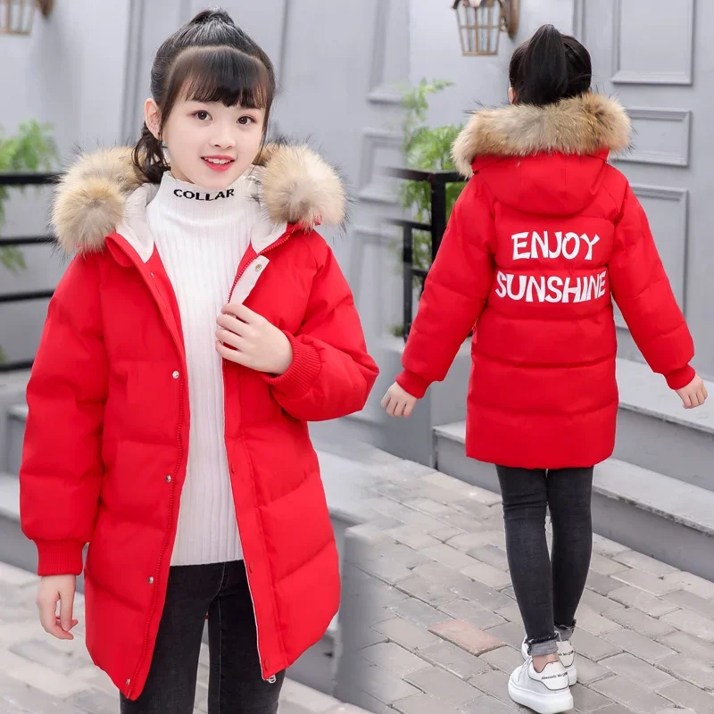 Girl Winter Jacket Kids Outdoor Warm Coat Thick Parka Children\'s Clothing Windproof Cotton Jacket Fur Hooded Outerwear 3-13 Year