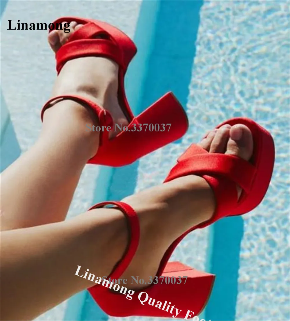 

Linamong, красные, черные босоножки из атласной ткани на массивном каблуке, босоножки на толстом каблуке с открытым носком и ремешком на высокой платформе с ремешками на щиколотке