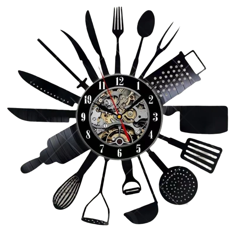 Cutlery Vinyl Record Wall Clock Modern Design Spoon Fork Decorative Kitchen Vintage Vinyl Clock Wall Watch Home Decor