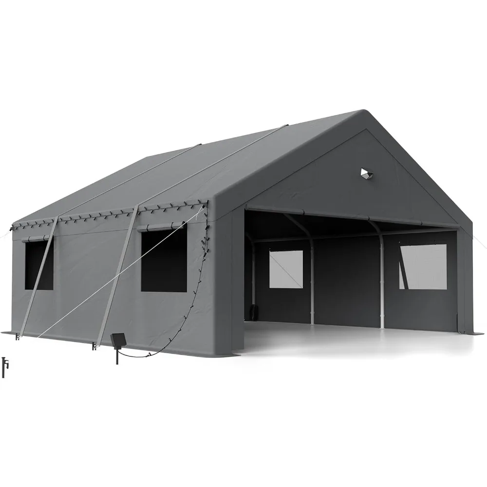 Baldacchino per carport 20x20, porta per auto resistente, garage portatile per porte per auto con 2 porte avvolgibili con cerniera passante, grigio