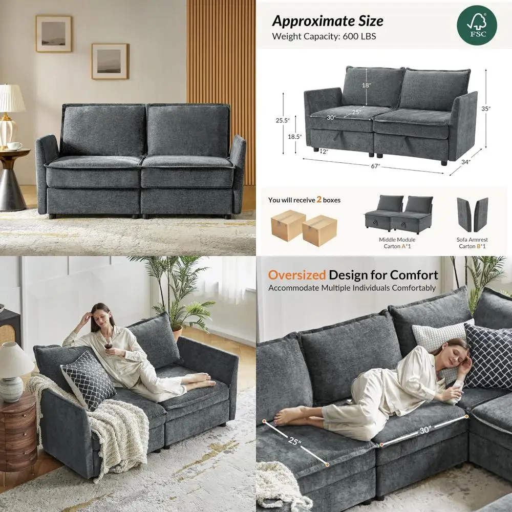 

Modern 67 Chenille Loveseat Sofa, 2-Seat Couch with Storage, Comfortable Deep Seat for Small Living Spaces