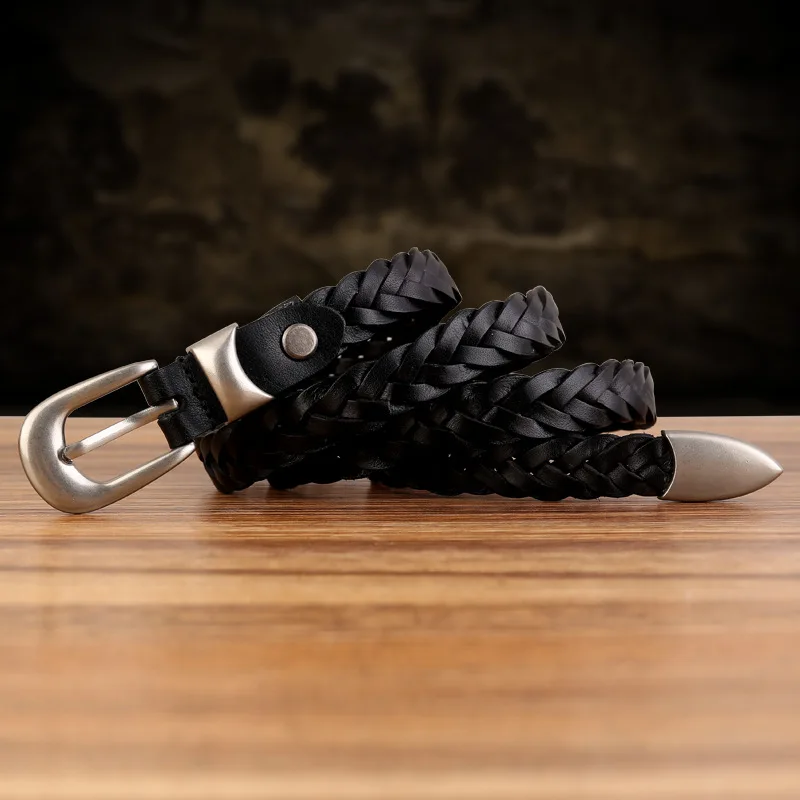 

Handmade Genuine Leather Woven Women's Belts,Woman no Perforated Fashion Vintage Needle Buckle Versatile Decoration Jeans Belt
