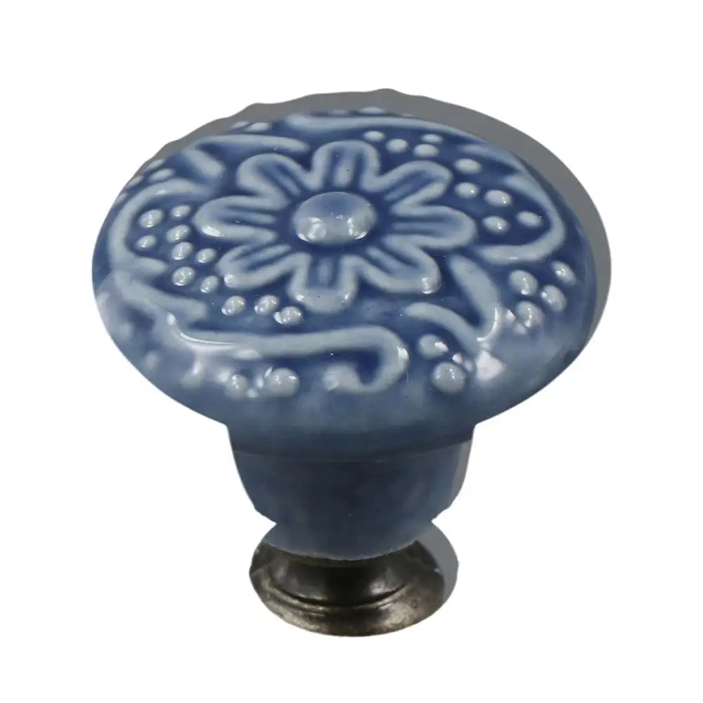 Relief Single Hole Ceramic Knob Flower Surface Pull Handles Drawer Knobs Round Cabinet Knob Furniture