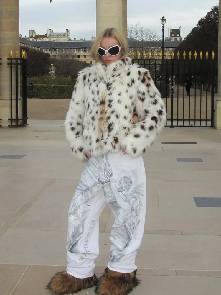 

Lady Chic Leopard Print Fur Stand Up Collar Jacket Fashion Casual Single Breasted Loose Outerwear New Daily Highstreet Jackets