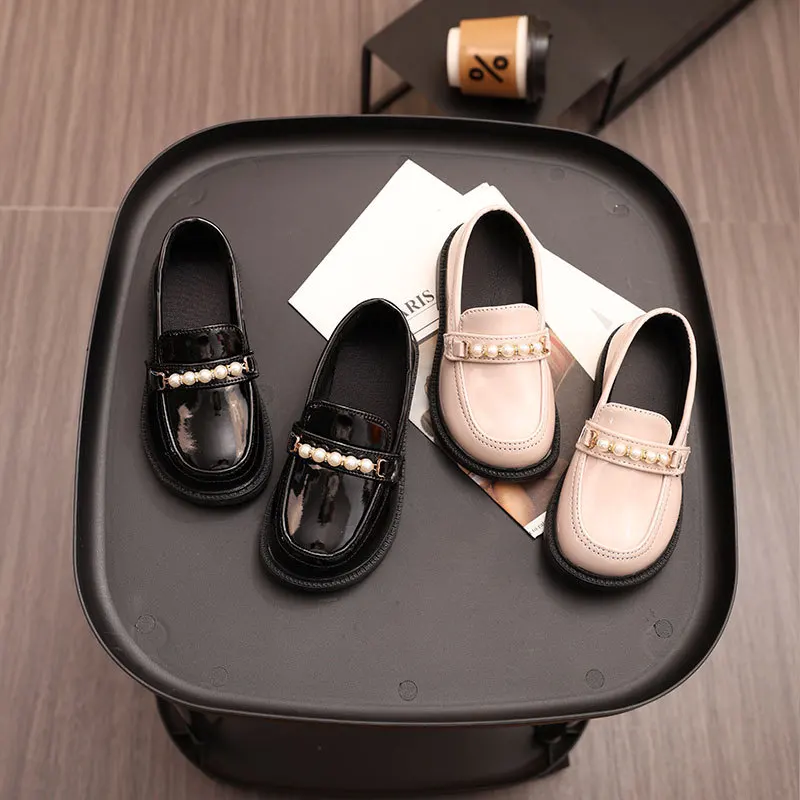 

Princess Girl's Leather Shoes Fashion Shoes for Kids Dance Performance with Beading Flats Loafers Slip-on Wedding Korean Style