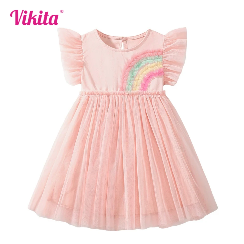 VIKITA 2025 New Summer Children Clothes Kids Pink Princess Mesh Tulle Flare Sleeve Dress Girls Rainbow Appliqued Party Costumes