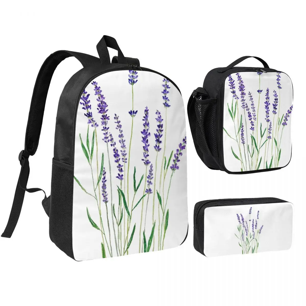 

Hand Painted Purple Lavender Backpack Boys Girls BookBag School Bag Computer Shoulder Bags 3ps Insulated Lunch Bag Pencil Case
