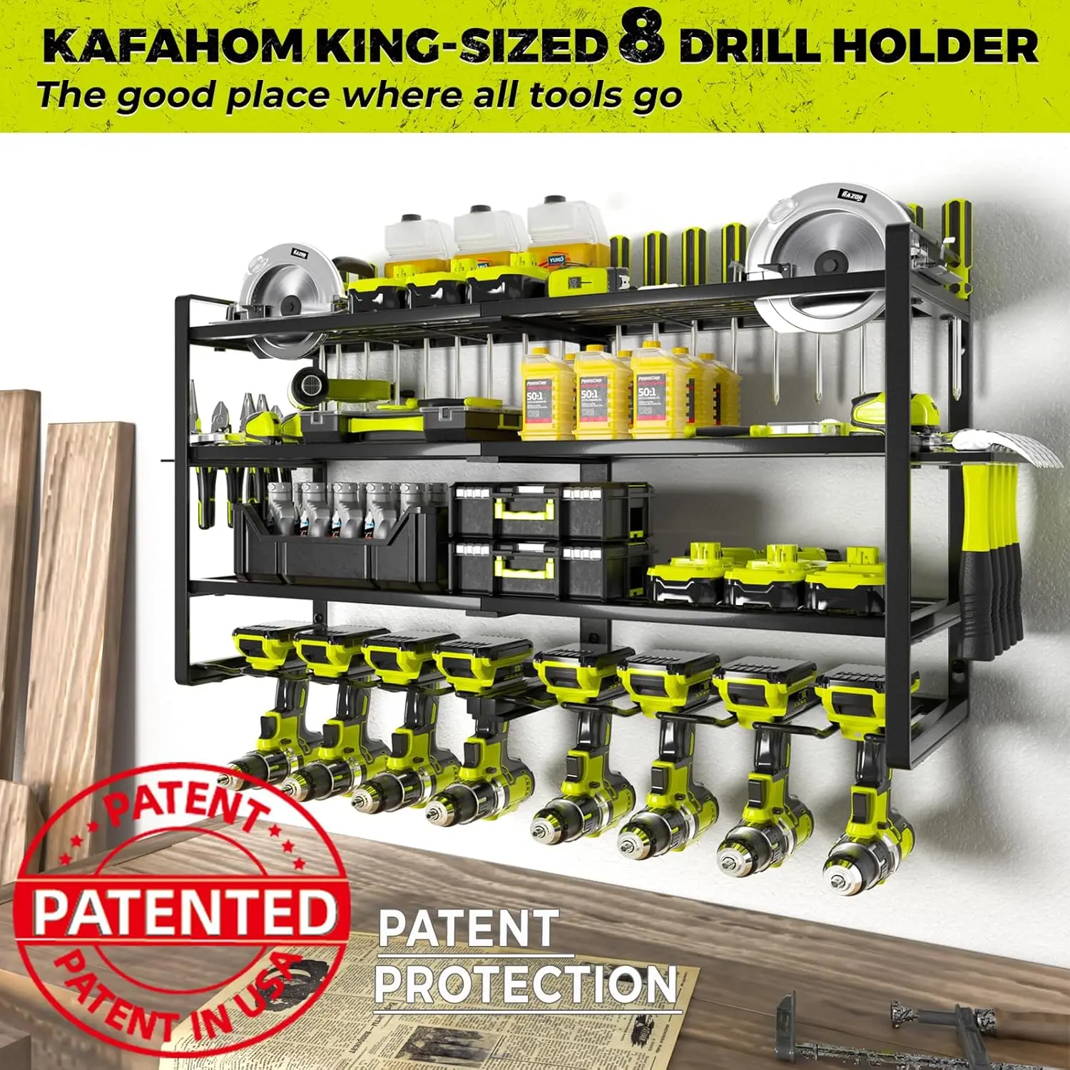 KAFAHOM Power Tool Organizer-8 Drill Holder Wall Mount,4 Layer Heavy Duty Metal Power Tool Storage Rack,Garage Tool