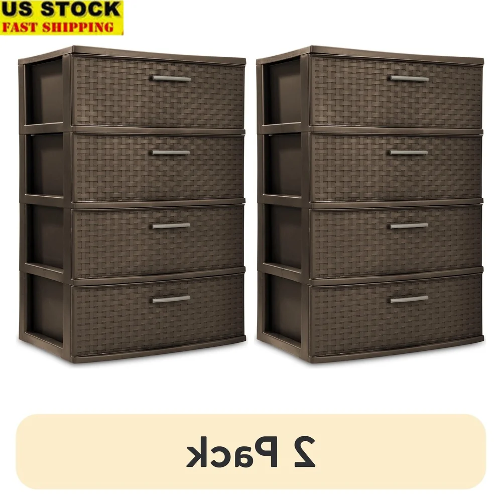 

2 Pack 4 Drawer Plastic Weave Storage Tower with Pull Handles Opaque Drawers Easy Clean Durable Storage Solution Home
