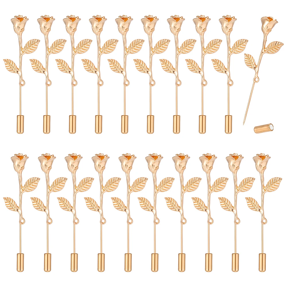 20PCS Rose Lapel Pins 2.56inch Flower Stick Pin Needle Brooches Blossom Rose with Leaves Boutonniere Pins Bouquet Stick Brooch