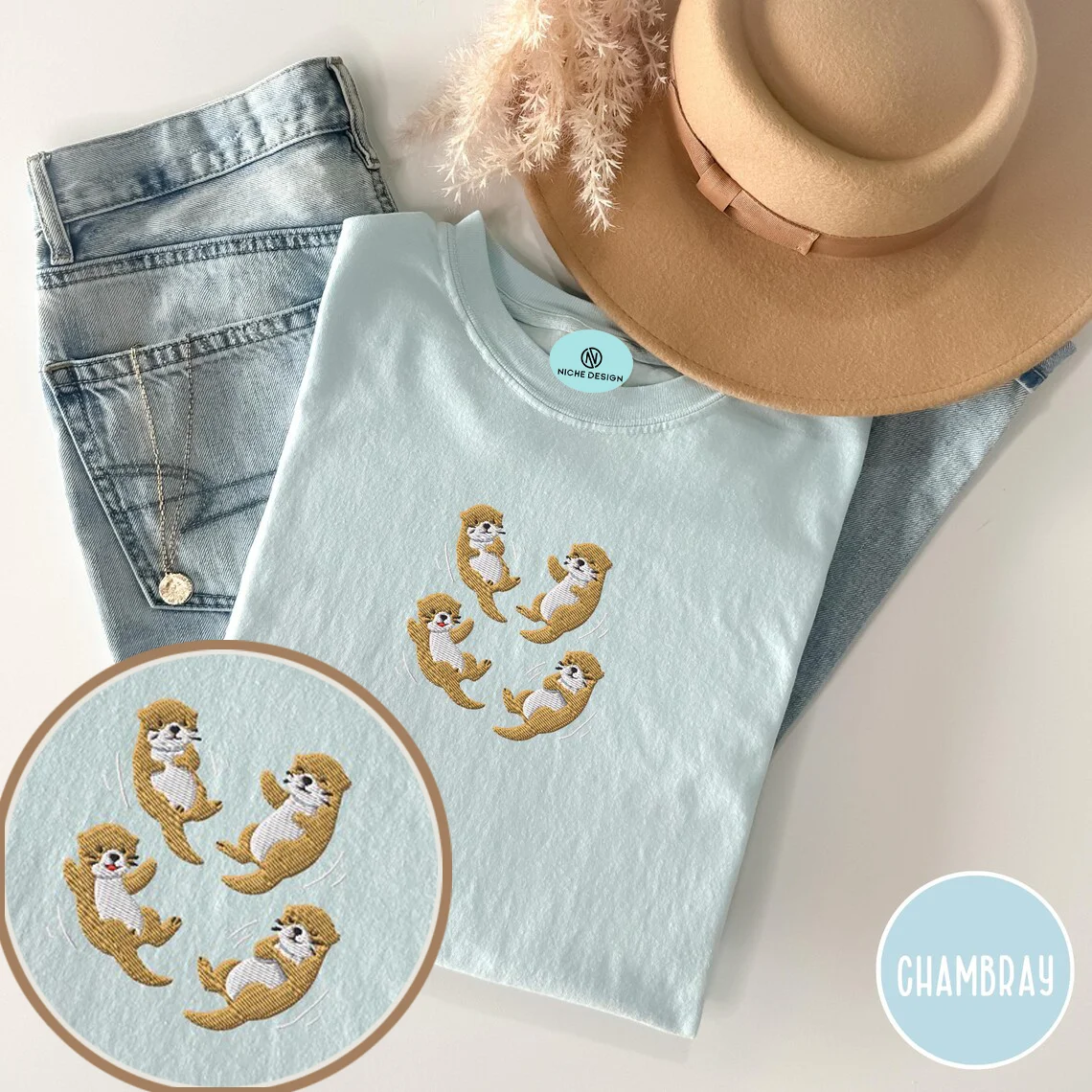 Embroidered Otter Shirt, Comfort Colors Tee, Cute Animal T-shirt for Women, Otters Holding Hands, Adorable Ocean River Animal Lo