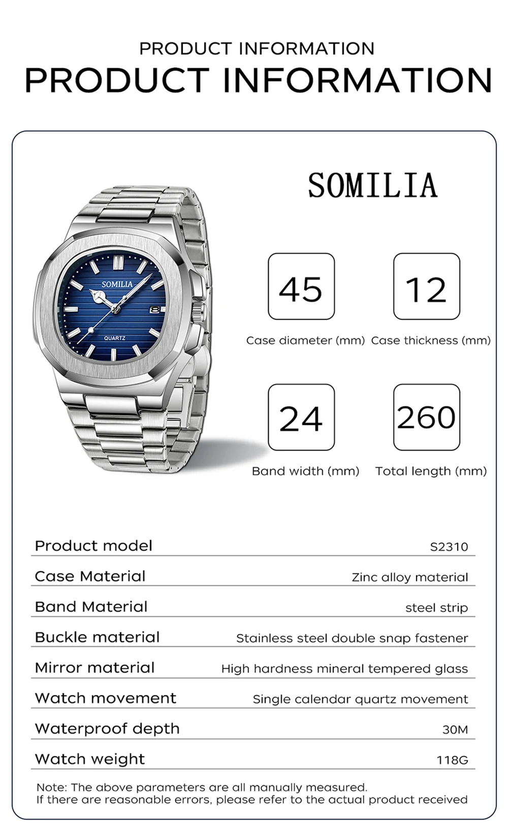 SOMILIA New 2310 Stainless Steel Case Fashion Calendar Quartz Waterproof Luminescent Men\'s Watch