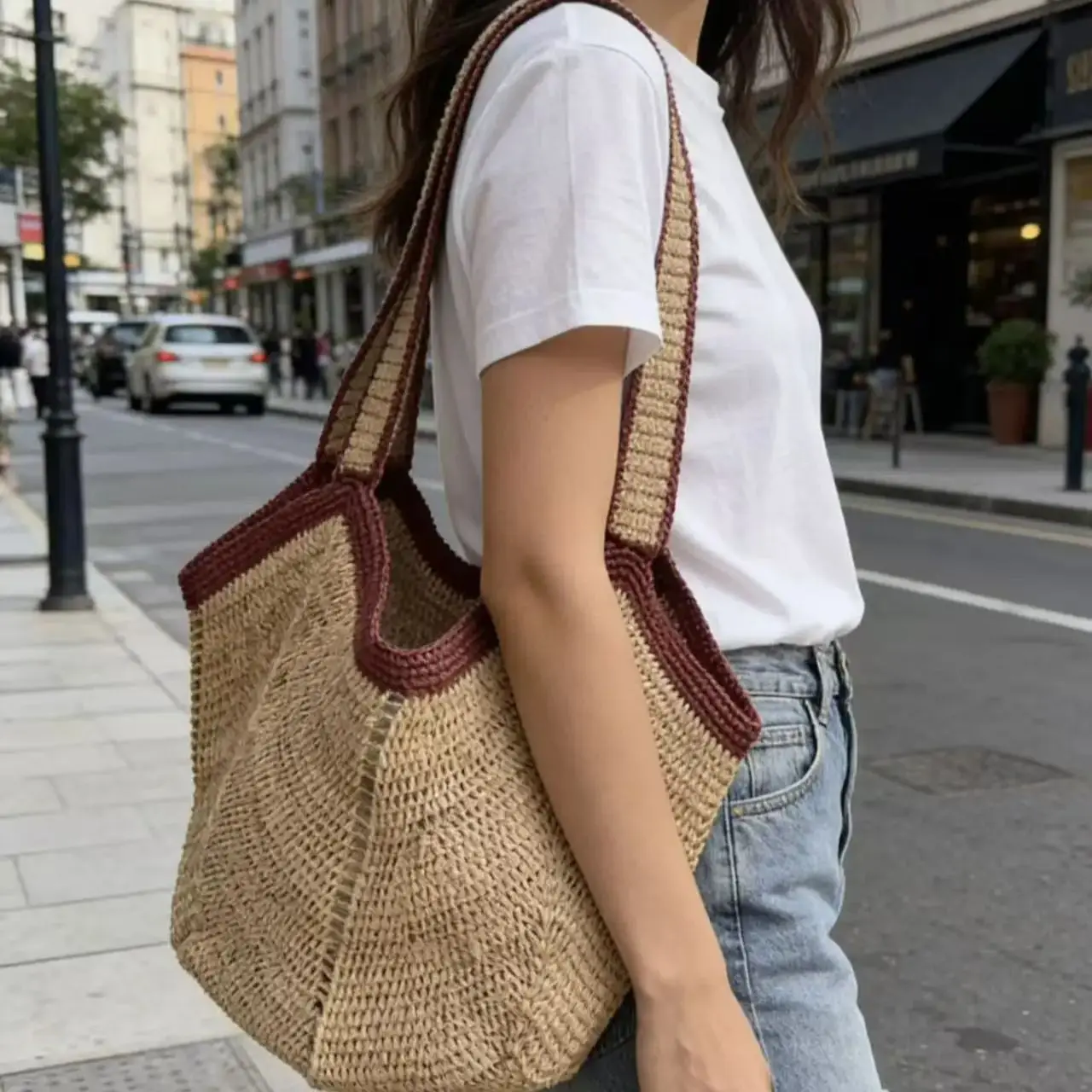 

Stylist Fashion Hand Woven Bag Primary Color Lafite Papyrus Handbag Beach Hollow Style Ladies One-shoulder Tote Straw Bag