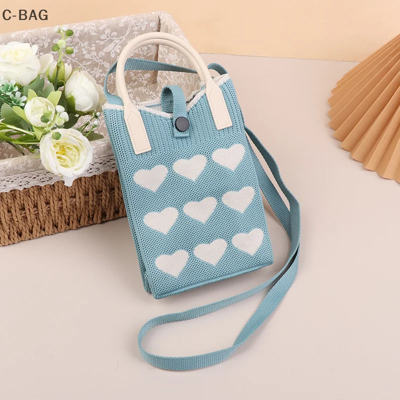 

Fashion Knitted Handbag Mini Mobile Phone Bag Female Korean Version Sweet Love Color Contrast Shoulder Hand Bag