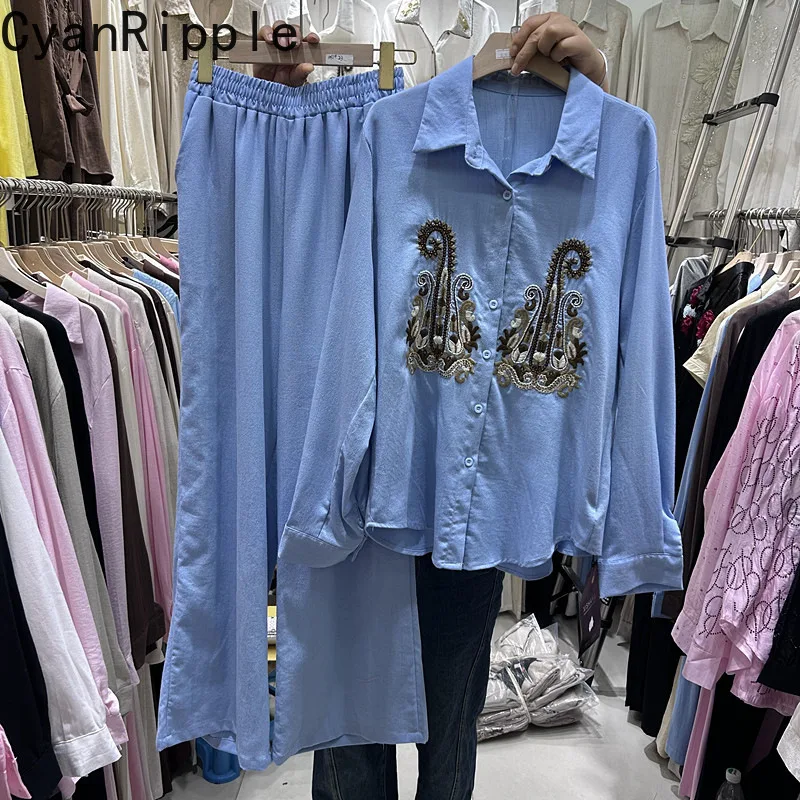 

Fashion Spring Autumn Women Two-piece Set Embroidery Loose Long Sleeve Cotton-linen Cardigans Top + Elastic Waist Casual Pants
