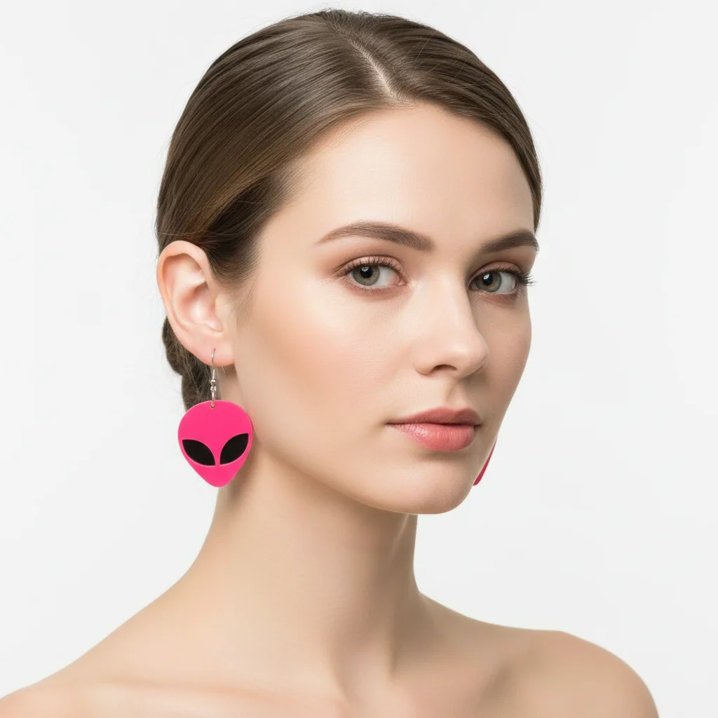 Neon Pink Alien Head Drop Earrings, Y2K Funny Acrylic Dangle Earrings, Unique Space Statement Jewelry for Women