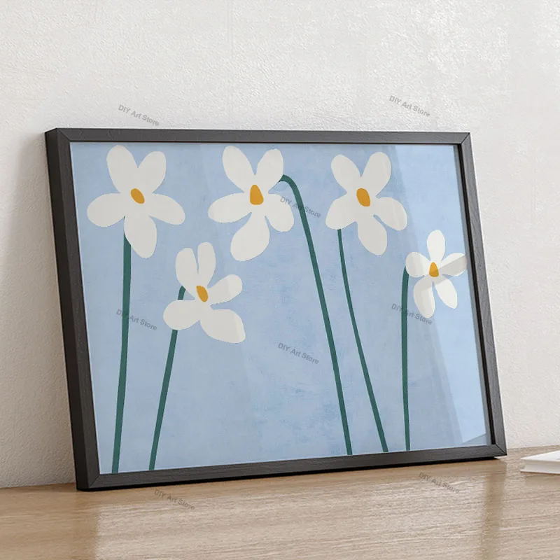 Blue Retro Vase Daisy Flower Abstract Line Minimalist Poster Wall Art Canvas Painting Prints Pictures For Living Room Home Decor